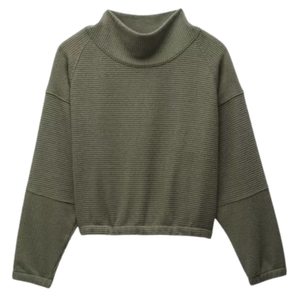 prAna Olivia Long Sleeve Cropped Sweater Dark Green Soft Cozy Ribbed Cowl Neck L